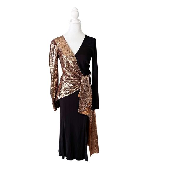 Prabal Gurung Sequin Wrap Midi Dress 4 Gold Black NWT - Picture 4 of 15